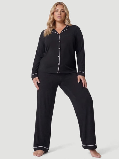 Black Oversized Jersey Piping Detail Long PJ Set