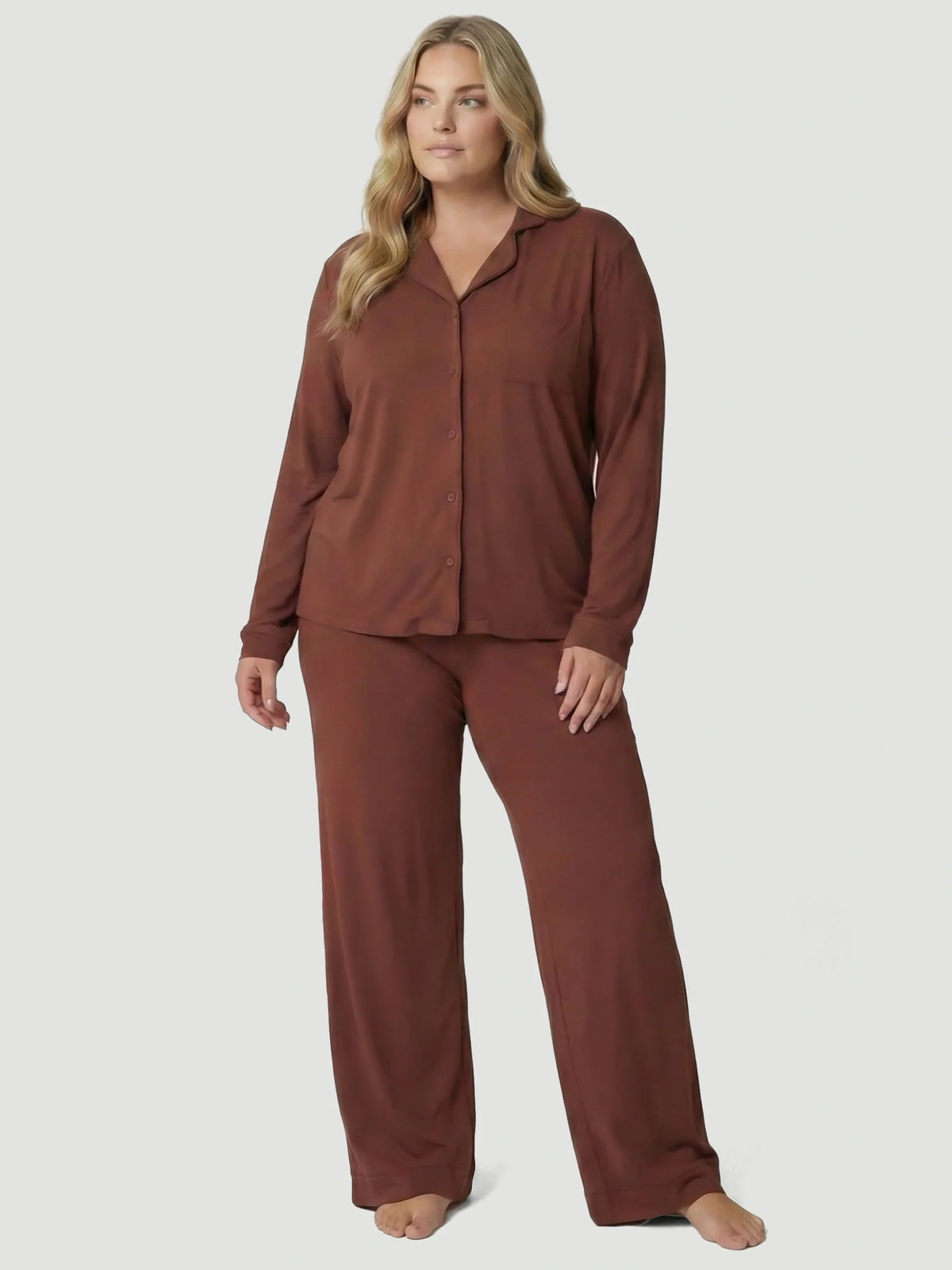 Brown Oversized Jersey Pocket Detail Long PJ Set