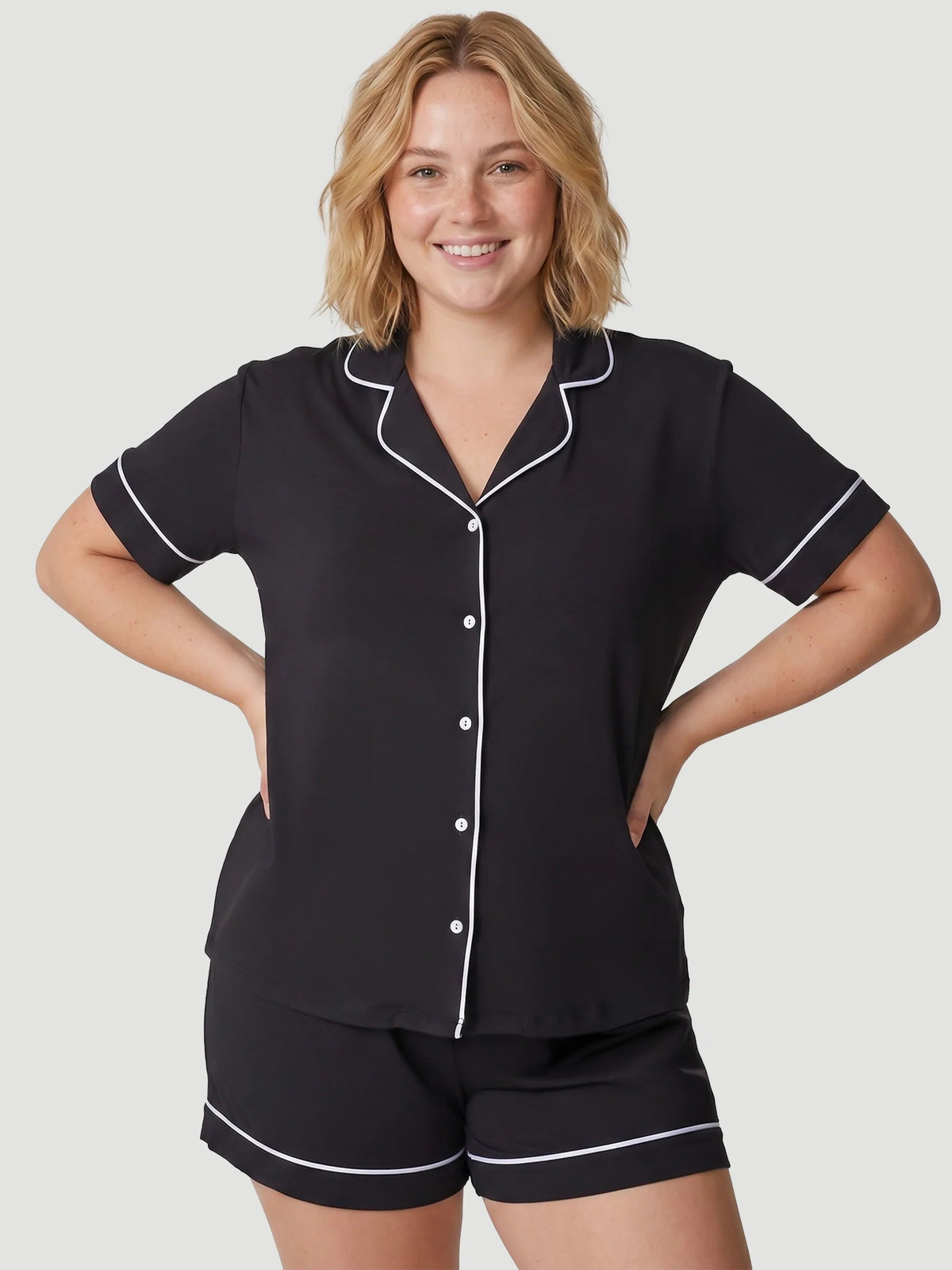 Black Oversized Jersey Piping Detail Short PJ Set