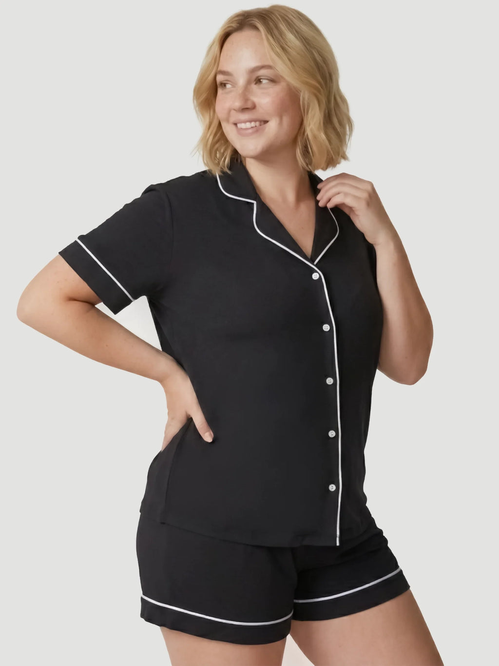 Black Oversized Jersey Piping Detail Short PJ Set