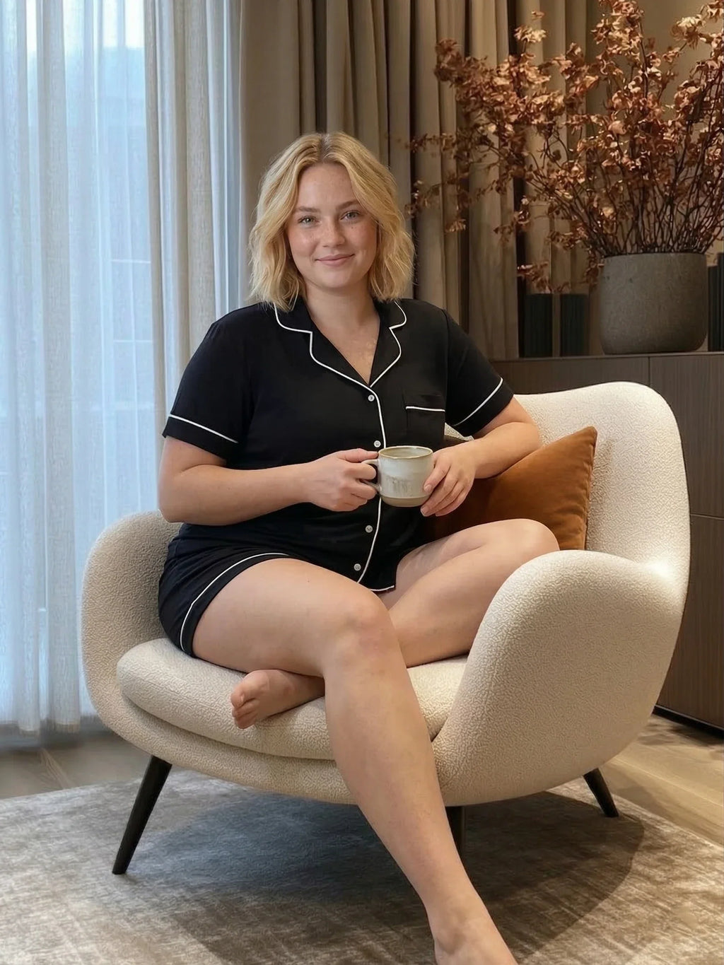 Black Oversized Jersey Piping Detail Short PJ Set